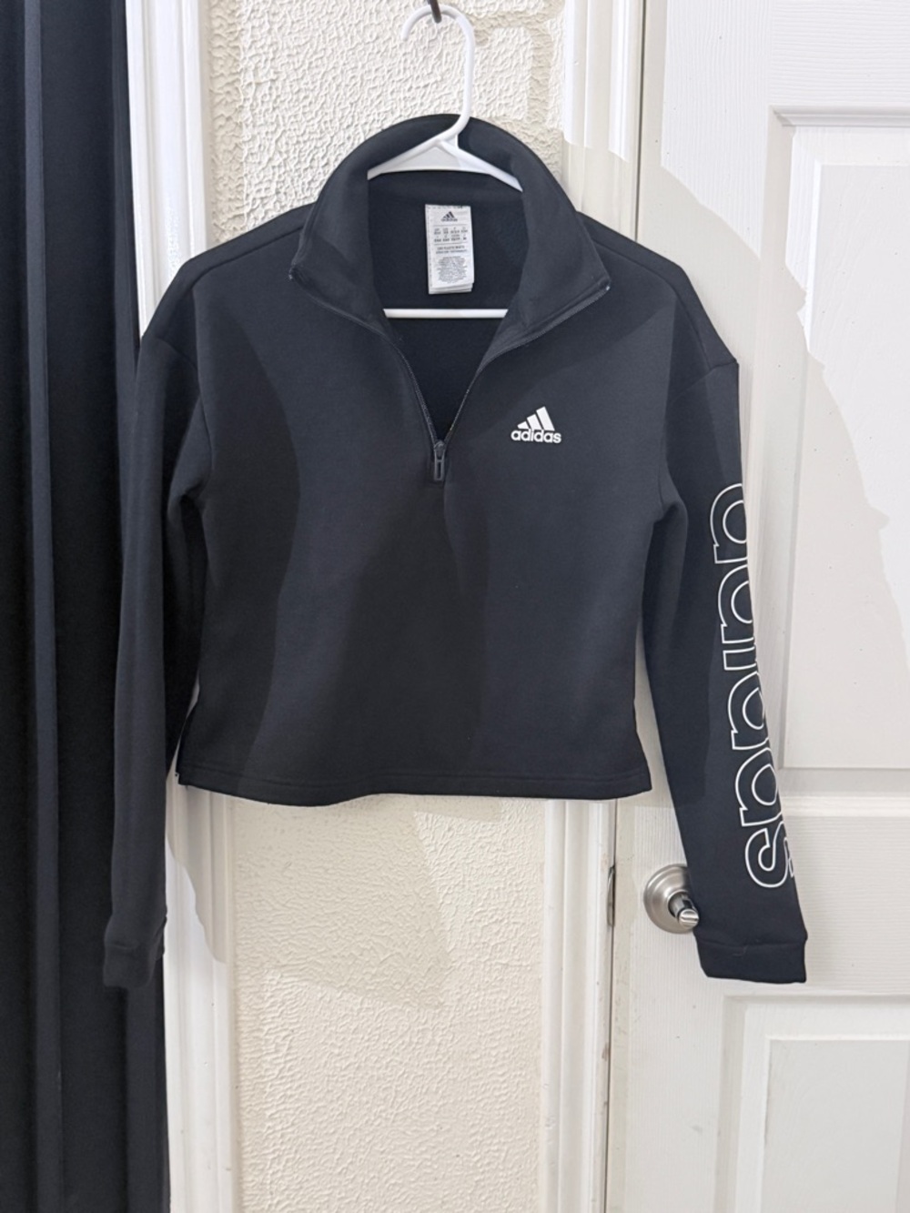 Adidas Cropped Quarter Zip Sweatshirt Black Logo Sleeve Women’s XS